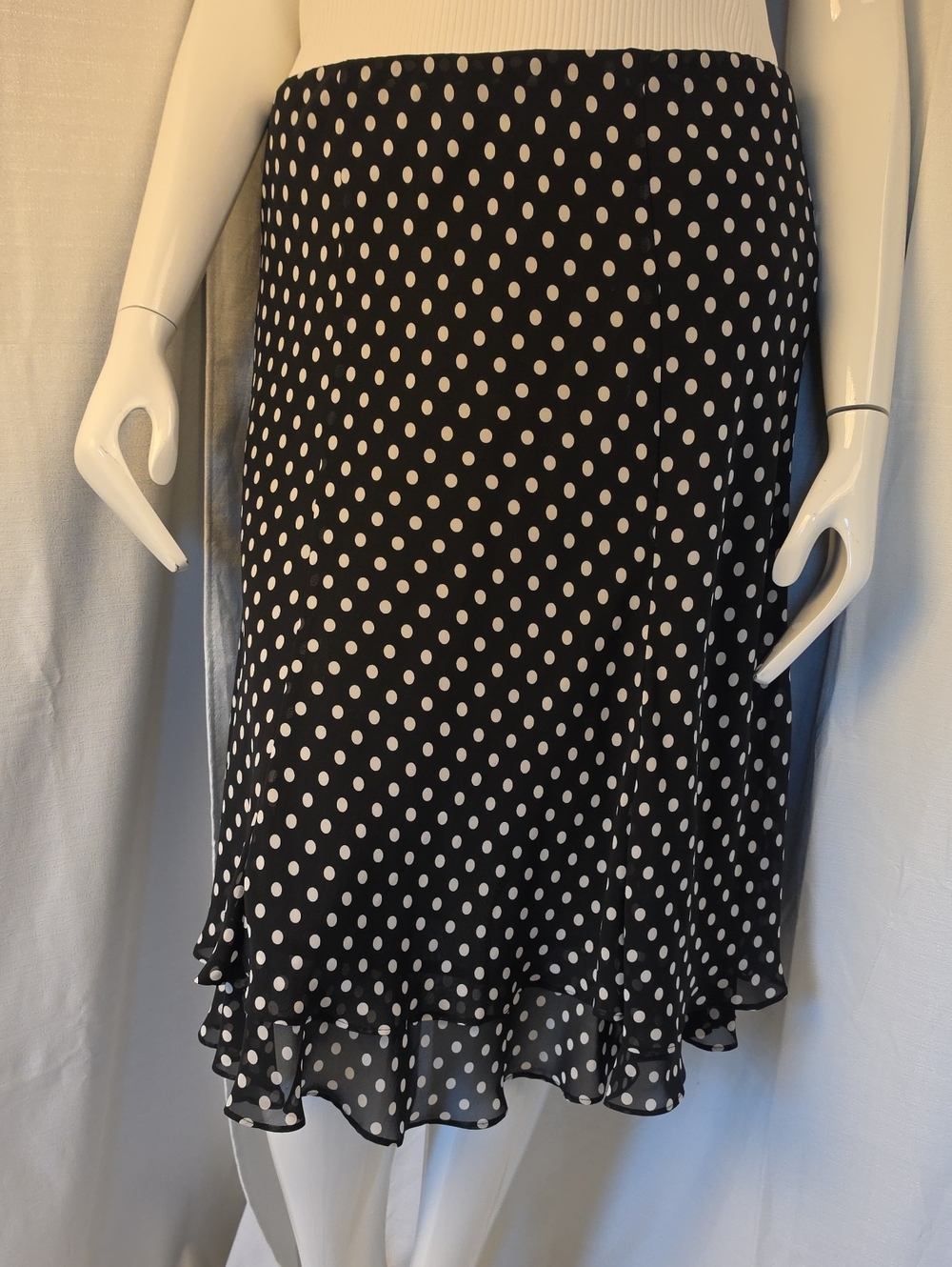 CHAPS Black and White Polka Dot Double Ruffle Hem Elastc Waist Skirt  Size XL